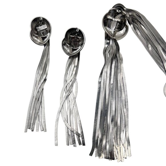 Silver Tone Necklace Earrings Set Multi Strand Snake Chain Long Tassel Runway - Picture 10 of 10
